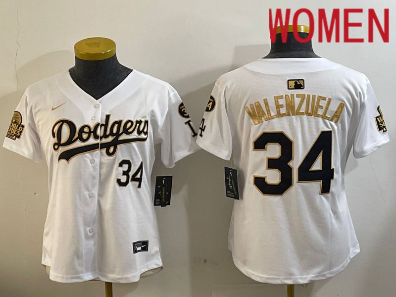 Women Los Angeles Dodgers 34 Valenzuela 2024 World series patch white jersey 202411201